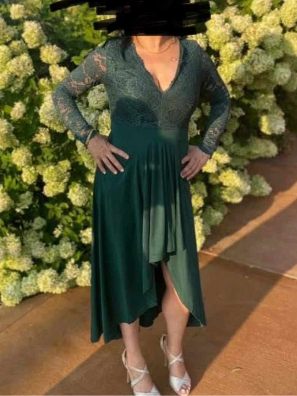 Elegant Deep Green Lace V-Neck Midi Dress Size M